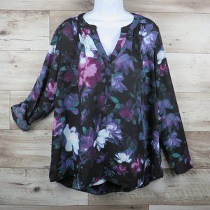 Simply Vera* Women's Long Tab Sleeve V-Neck Curved Hem Floral Blouse~ Size Large